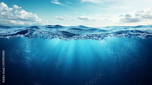 Blue water and clear sky. Cross-section of deep ocean with waves on the surface. Rays of light illuminating clear dark blue water. Marine landscape. Copy space. 