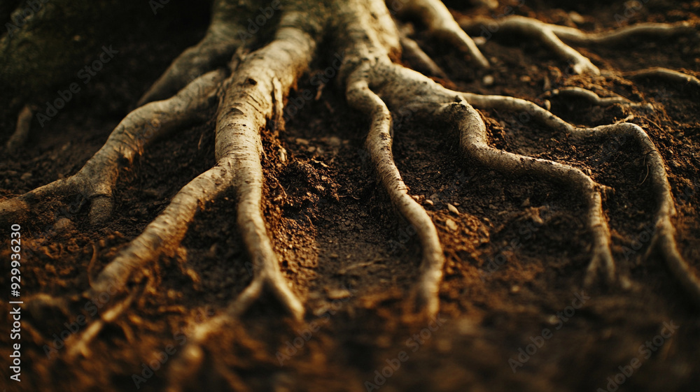 Fototapeta premium Visible tree roots emerge from rich brown soil in a forest during golden hour light