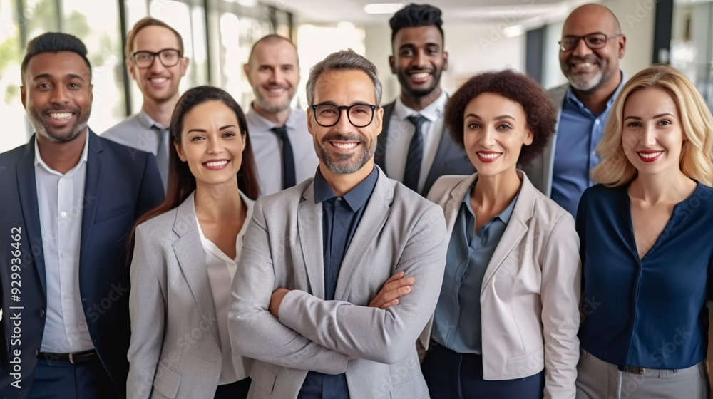 A portrait of a diverse group of businesspeople standing together in an office, smiling and looking at the camera with confidence. A portrait of a diverse group of businesspeople standing together in an office, smiling and looking at the camera with confidence.