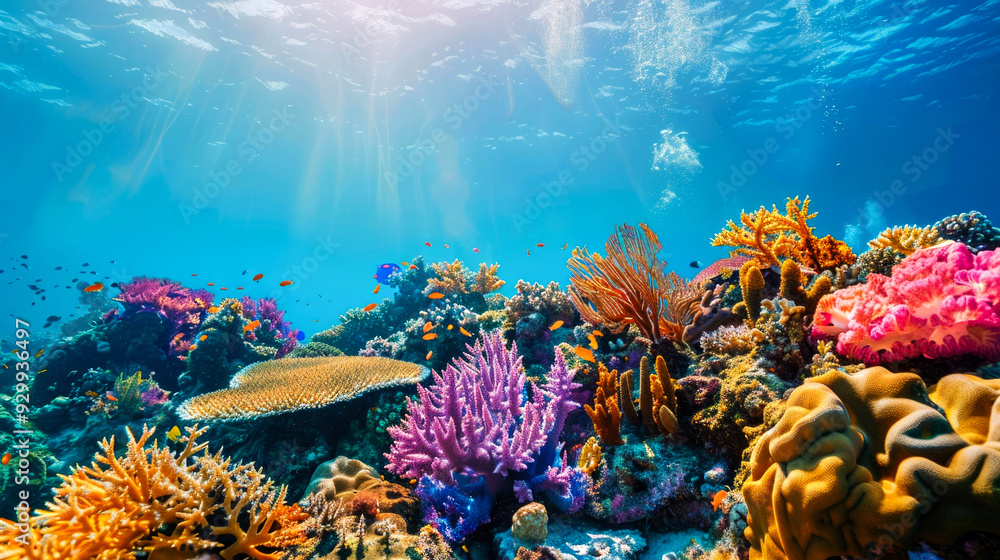 Naklejka premium Underwater Coral Reef Ecosystem with Sunlight and Fish