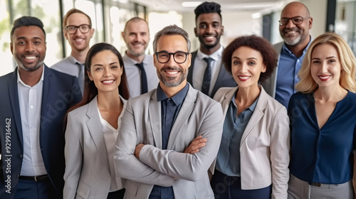 A portrait of a diverse group of businesspeople standing together in an office, smiling and looking at the camera with confidence. 