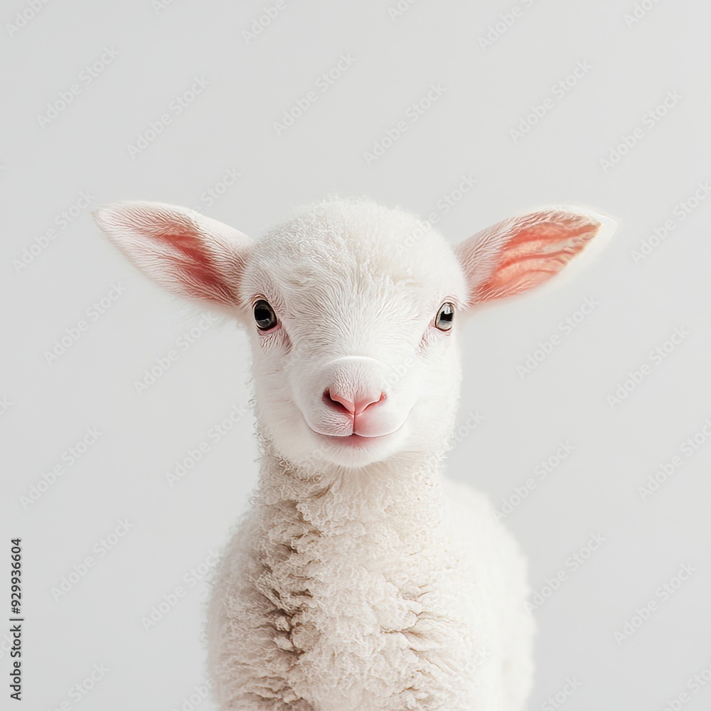 Fototapeta premium Isolated white background portrait of a cute baby lamb