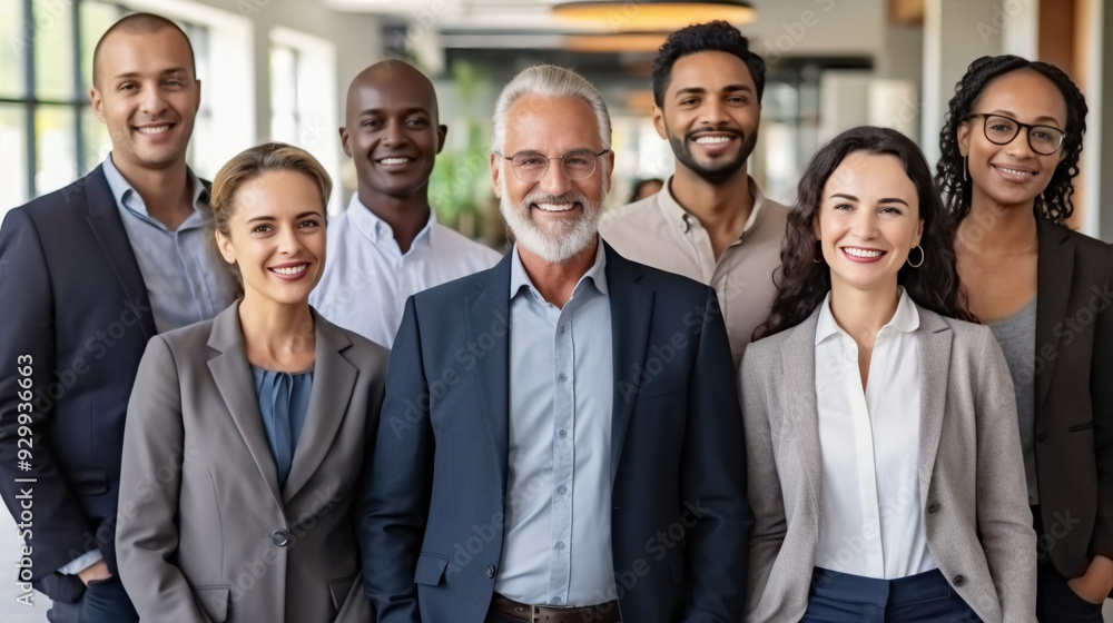 A portrait of a diverse group of businesspeople standing together in an office, smiling and looking at the camera with confidence. A portrait of a diverse group of businesspeople standing together in an office, smiling and looking at the camera with confidence.