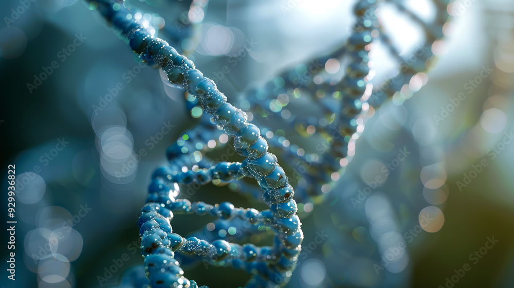 Close-up of a Blue DNA Strand with Water Droplets Close-up of a Blue DNA Strand with Water Droplets