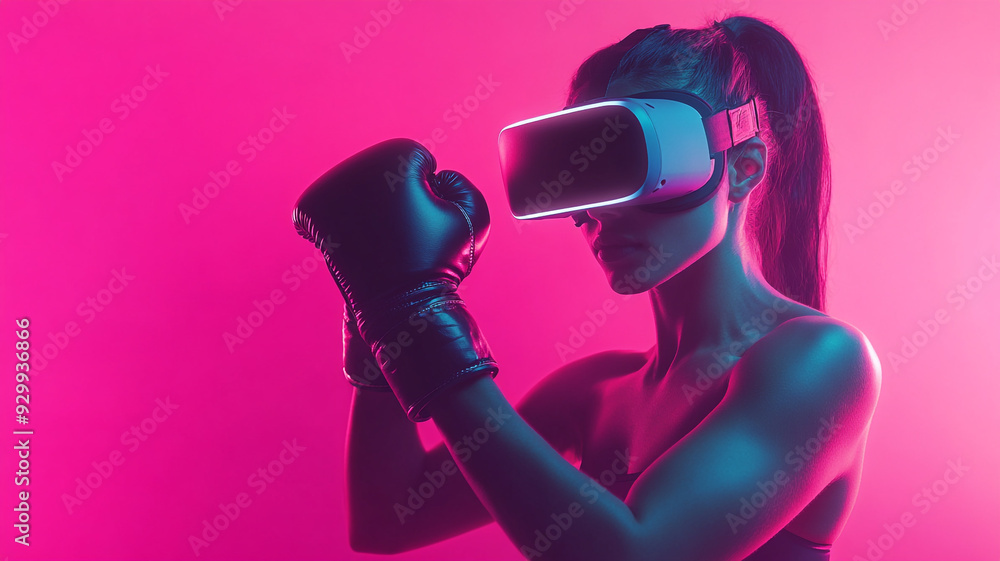 Woman boxing in virtual reality with vibrant pink lighting Woman boxing in virtual reality with vibrant pink lighting