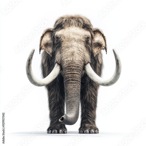 Isolated on white background, front view of a big mammoth