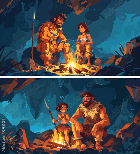 Prehistoric humans in cave cartoon vector scenes. Primitive man woman stone spear animal fur skins stones rocks firecamp hunters fighter characters ancient camp shelters concepts