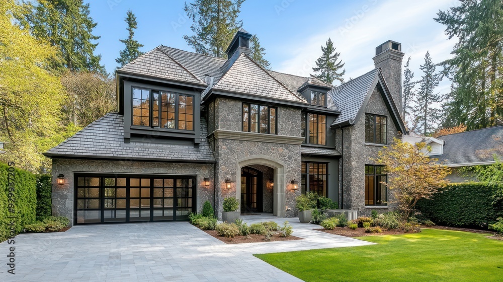 A stone and wood exterior modern home with a large garage door and lush landscaping. A stone and wood exterior modern home with a large garage door and lush landscaping.