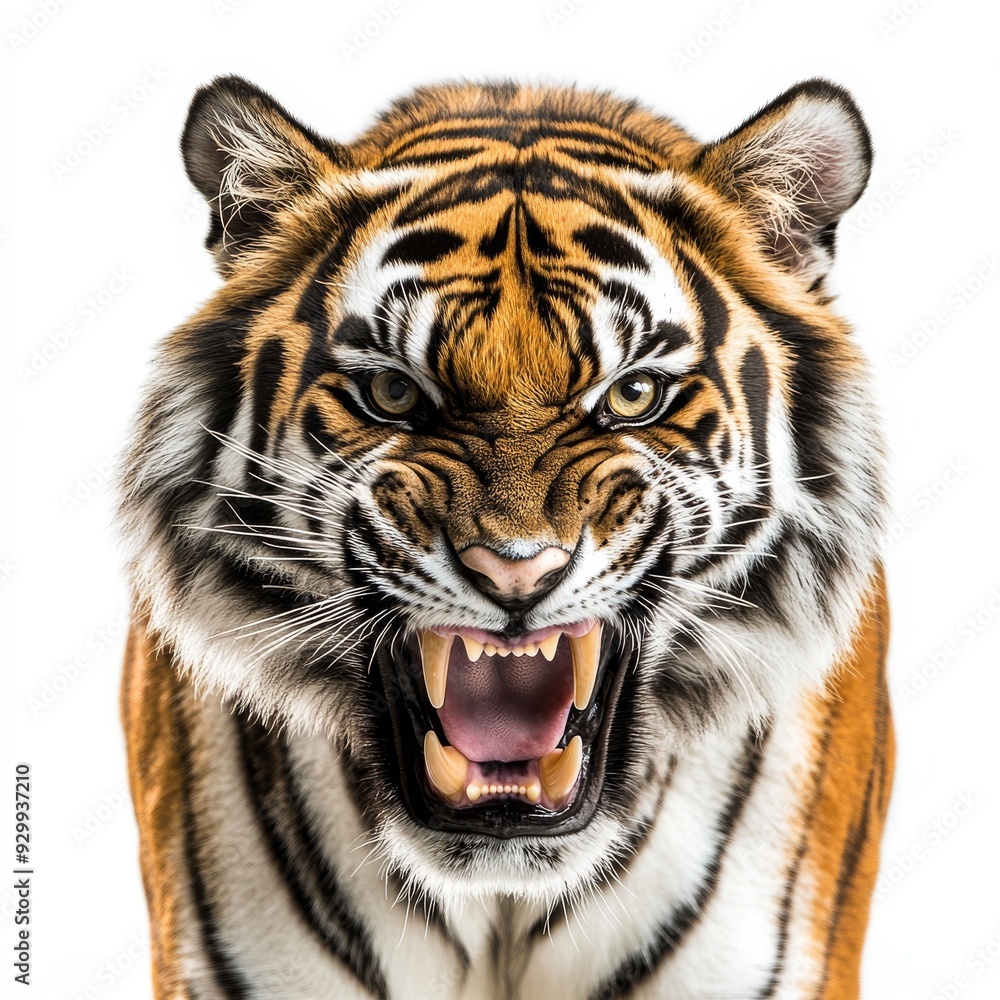 Obraz premium Face of an angry tiger roaring and opening its mouth, isolated on white