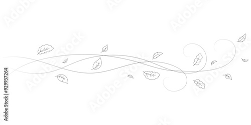 Doodle autumn leaves flying in the wind. Falling season outline backdrop, air flow leaves wave linear pattern or wind blowing doodle vector print. Autumn windy weather hand drawn monochrome background