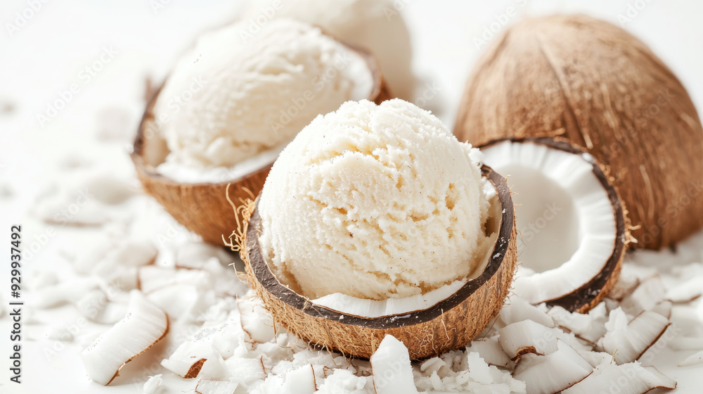 vegan Coconut ice cream scoops in shell with fresh coconut flakes, showcasing a delightful tropical dessert experience vegan Coconut ice cream scoops in shell with fresh coconut flakes, showcasing a delightful tropical dessert experience