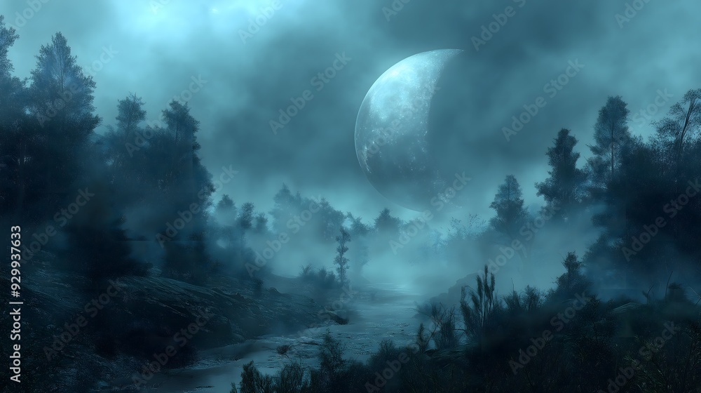 Crescent Moon in a Misty Forest River Dark Fantasy Sci-Fi Digital Art Crescent Moon in a Misty Forest River Dark Fantasy Sci-Fi Digital Art