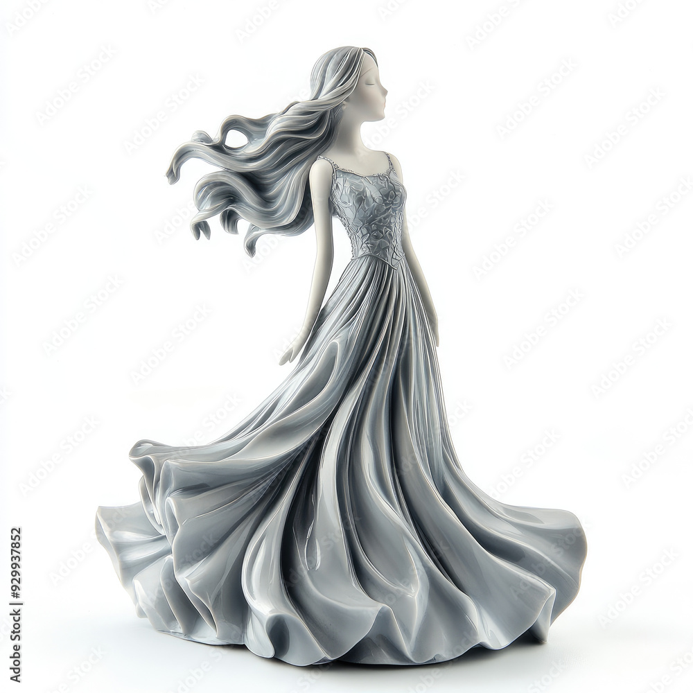 3D porcelain figurine of a beautiful girl in a silver flowing dress, isolated on a white background. A resource for creativity, a template, a decorative element for presentations of holiday dresses fo 3D porcelain figurine of a beautiful girl in a silver flowing dress, isolated on a white background. A resource for creativity, a template, a decorative element for presentations of holiday dresses fo