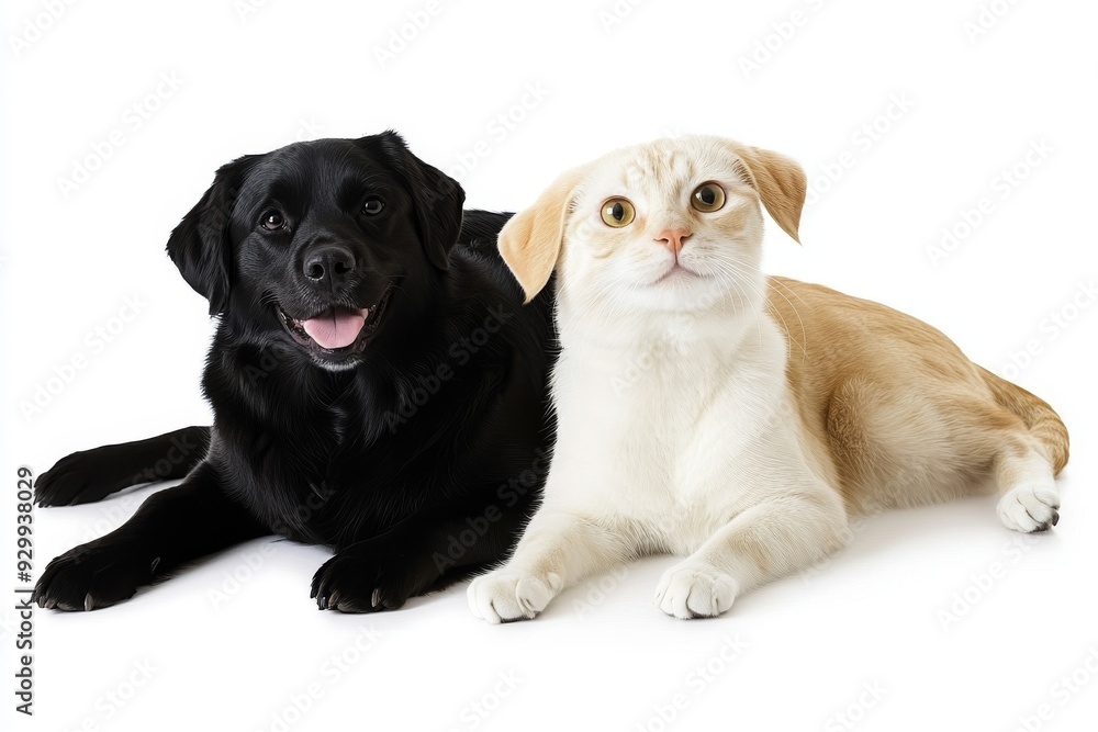 Fototapeta premium This is a transparent background portrait of a tabby cat and a golden retriever dog together