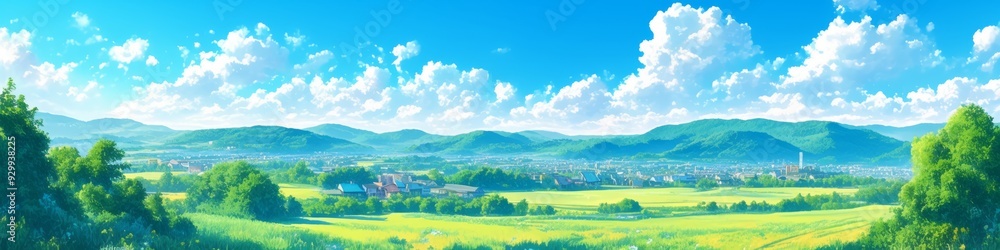 Obraz premium Enchanting Anime-Style Forest Landscape: Whimsical Winter Wonderland with Cozy Village and Magical Trees. AI-Generated Digital Art for Seasonal Marketing, Christmas Cards, and Storybook Illustrations.