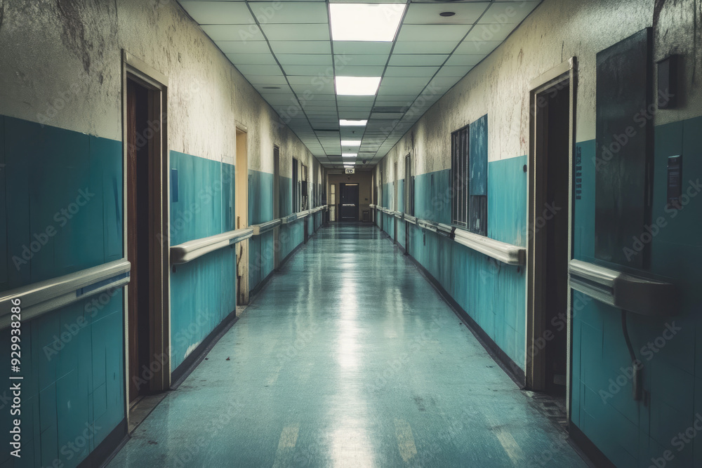 Obraz premium Abandoned Hospital Corridor with Medical Equipment