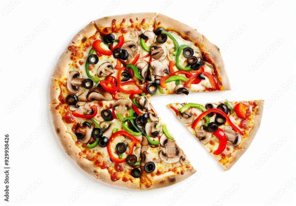 Whole pizza with one slice being cut pulled out, olives, tomato sauce base and pepperoni against a white isolated background Whole pizza with one slice being cut pulled out, olives, tomato sauce base and pepperoni against a white isolated background