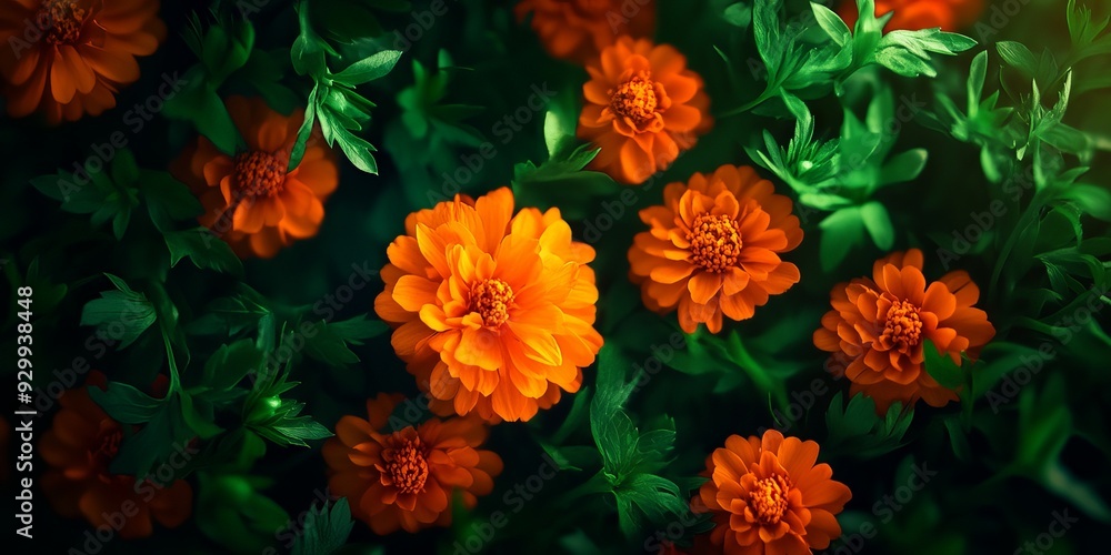 Vibrant marigold flowers bloom amidst lush green foliage, showcasing nature's beauty and vivid colors in a stunning natural setting. Vibrant marigold flowers bloom amidst lush green foliage, showcasing nature's beauty and vivid colors in a stunning natural setting.