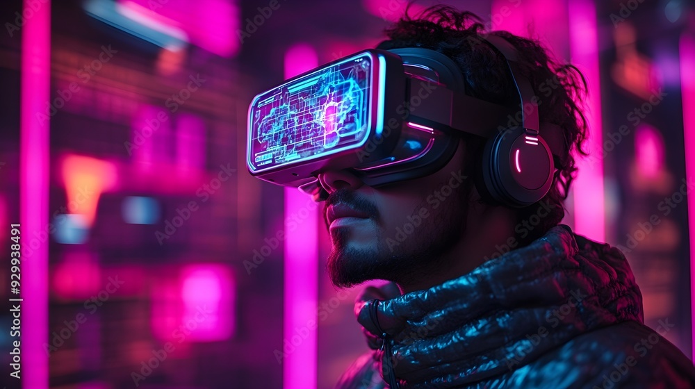 Man in VR Headset with Neon Lights Man in VR Headset with Neon Lights
