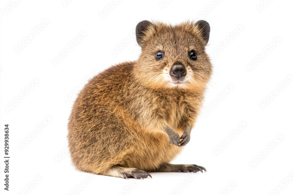 Obraz premium Happy cute quokka sitting and smiling on a white background with transparent cutouts