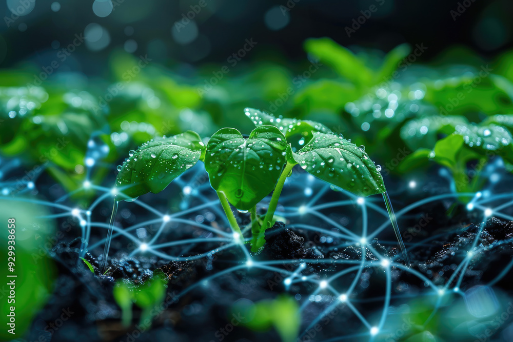 Young Green Plants with Dew Drops and Digital Network Connections in a Futuristic Agricultural Setting Young Green Plants with Dew Drops and Digital Network Connections in a Futuristic Agricultural Setting