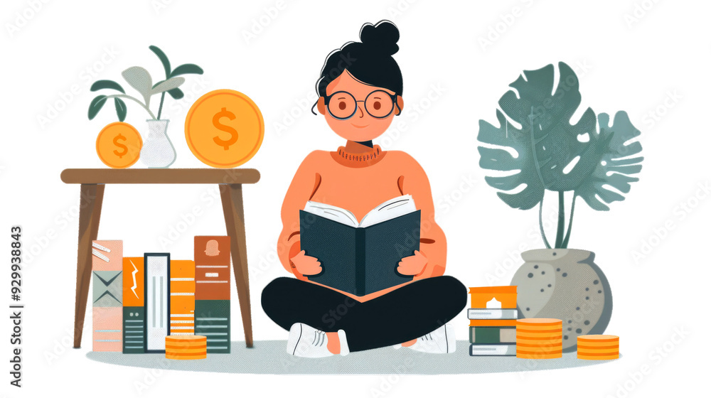 A Woman Reading a Book Surrounded by Money and Plants A Woman Reading a Book Surrounded by Money and Plants