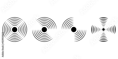 Set of circular ripple icons. Concentric circles with broken lines isolated on white background. Vortex, sonar wave, soundwave, sunburst, signal signs. Vector graphic illustration