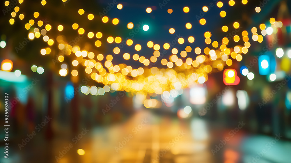A city street illuminated with Diwali string lights, with the bokeh effect creating a magical and festive atmosphere A city street illuminated with Diwali string lights, with the bokeh effect creating a magical and festive atmosphere