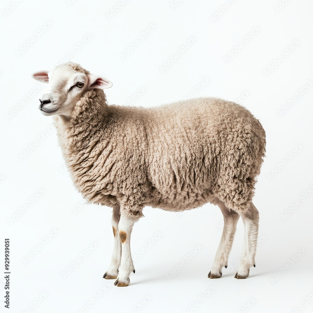 Fototapeta premium An isolated white background shows a close up portrait of a sheep from the side
