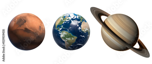 Celestial body collection planet earth, mars and saturn isolated on a white background PNG.