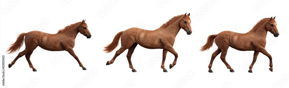 Naklejka premium Three brown horses stand on a transparent background