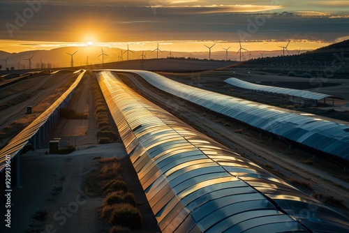 A breathtaking sunset view over rows of solar panels and distant wind turbines set within a serene desert landscape, illustrating renewable energy sources in harmony. photo