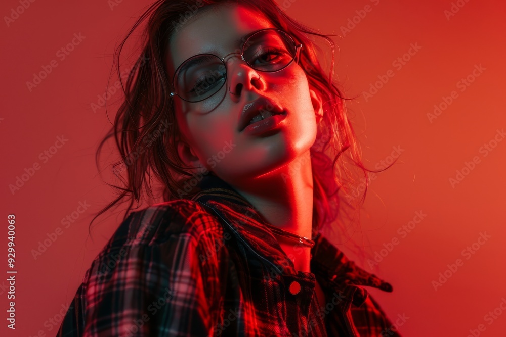 Obraz premium An artistic image of an anonymous woman illuminated by red lighting, wearing a plaid shirt. The image evokes a sense of mystery and creativity against a stark background.
