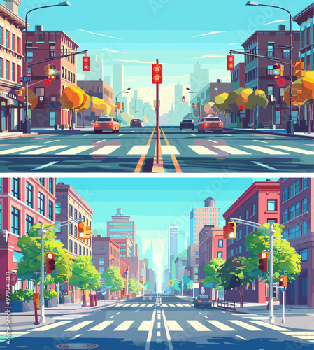 Road city street cartoon vector scenes. Crossroads buildings cars pedestrian traffic lights hightower horizon silhouettes cityscape view concepts