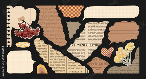 Vintage Paper cut elements for Scrapbook or Collages. Pieces Old Newspapers, retro torn patterns. Plants and flowers. Notebook sheets like rainbow, speech bubbles and hearts. Wrinkled abstract shapes