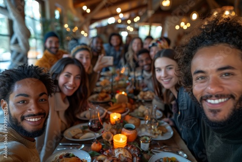 Smiling friends enjoying a festive Thanksgiving meal together, creating warm memories and celebrating togetherness.