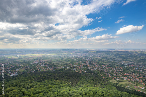 A city with a lot of buildings and trees in the background