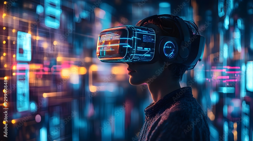 Futuristic VR Experience, Woman in Virtual Reality Headset Futuristic VR Experience, Woman in Virtual Reality Headset