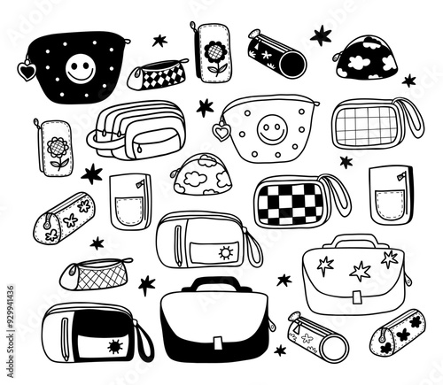 Schoolbag, pencil cases, cosmetic bag and school supplies doodles. Vector illustration. Isolated outline hand drawings for design and decoration