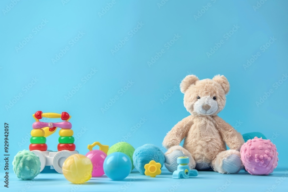 A fluffy teddy bear surrounded by an assortment of colorful toys including balls and stacking rings, all set against a vibrant blue backdrop, indicating playful childhood moments. A fluffy teddy bear surrounded by an assortment of colorful toys including balls and stacking rings, all set against a vibrant blue backdrop, indicating playful childhood moments.