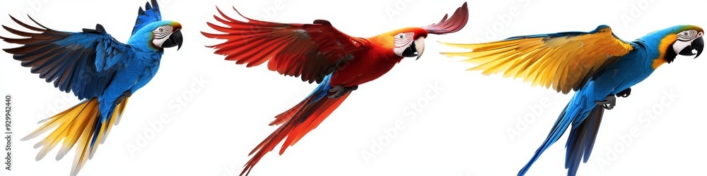 Fototapeta premium Vibrant Macaw Trio: Creative Abstract Design of Flying Parrots in Red, Blue, and Blue-Yellow. AI-Generated Digital Art for Marketing, Greeting Cards, and Storybook Illustrations. Perfect for UI Decora