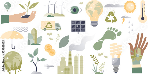 Climate action elements including renewable energy, recycling, carbon footprint, and sustainable practices.