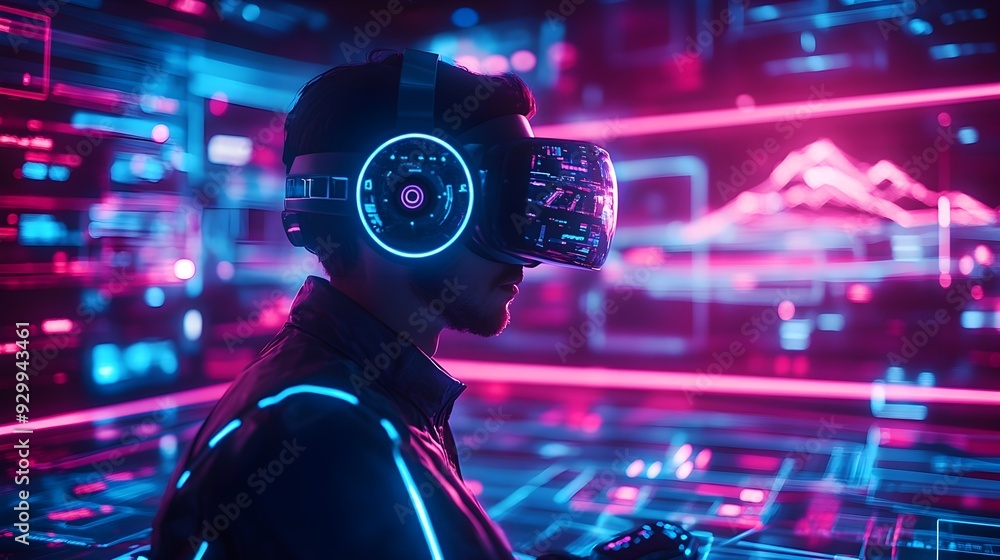 Man in VR Headset Immersed in Neon Digital World Man in VR Headset Immersed in Neon Digital World