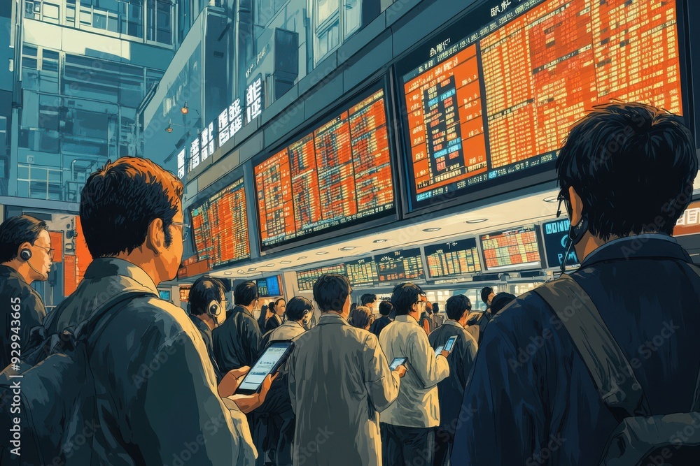 Fototapeta premium Japanese Stock Market Turmoil, a vibrant scene of frantic traders responding to a sharp drop in the TOPIX index, large screens flashing red, phones ringing, urgency palpable in a modern trading floor
