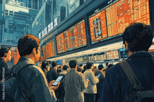 Japanese Stock Market Turmoil, a vibrant scene of frantic traders responding to a sharp drop in the TOPIX index, large screens flashing red, phones ringing, urgency palpable in a modern trading floor photo