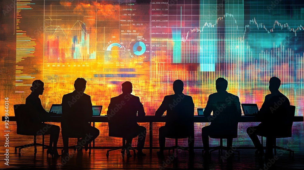 Business Team Analyzing Data On Large Screen Business Team Analyzing Data On Large Screen