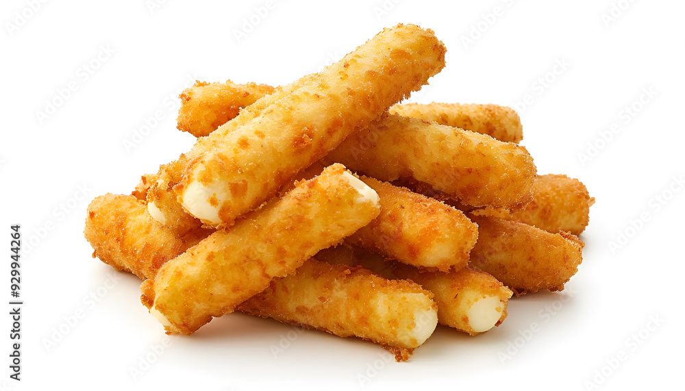 Pile of tasty fried mozzarella sticks isolated on white, top view Pile of tasty fried mozzarella sticks isolated on white, top view
