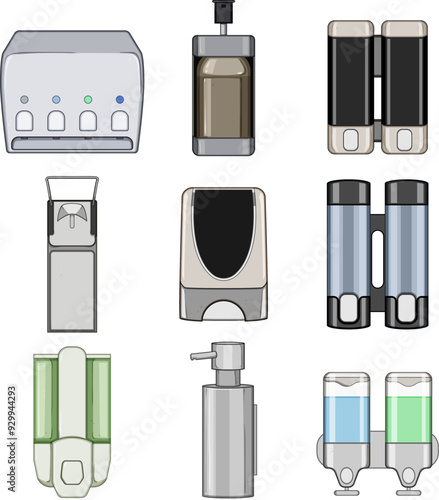 wall soap dispenser set cartoon. mount hands, refillable touchless, manual automatic wall soap dispenser sign. isolated symbol vector illustration