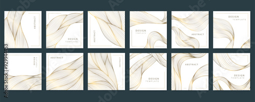 Vector set of wavy gold cards on white, luxury line art texture, premium flow design. Curve art deco banners, tags, fancy brochures.