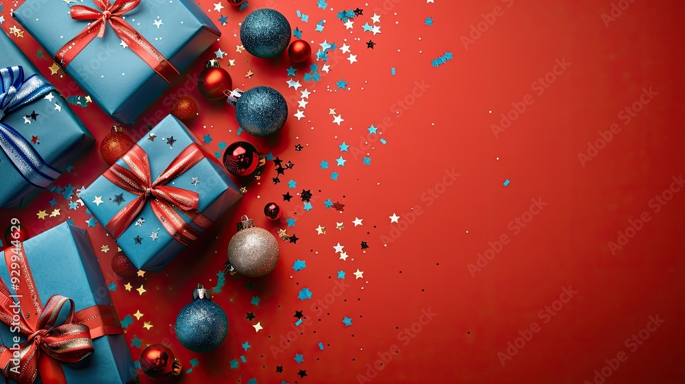 Obraz premium Christmas Gifts and Decorations on Red Background